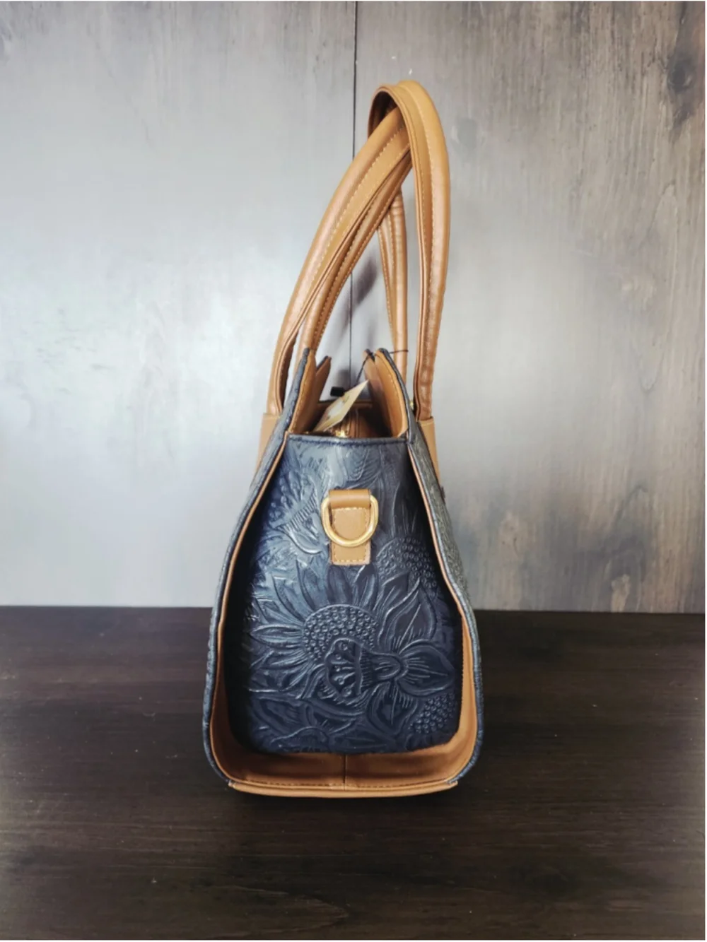 Marine Navy Blue Brown Sunflower Embossed Tooled Artisan LEATHER Hobo Bag Purse